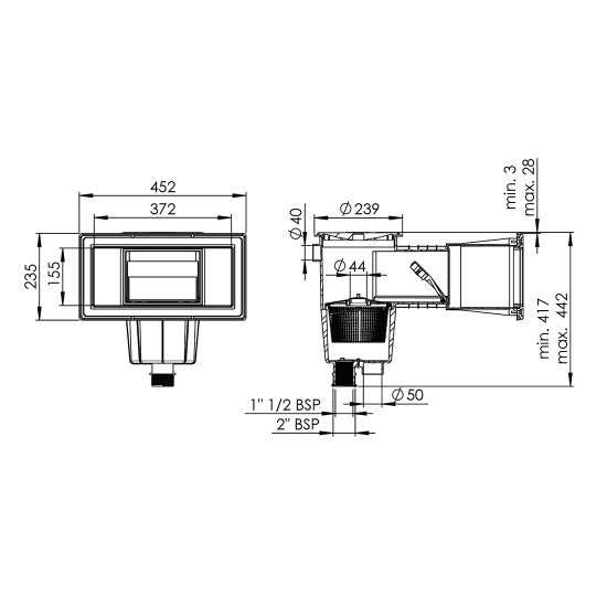 Skimmer for concrete pools with wide mouth and square lid 15lit